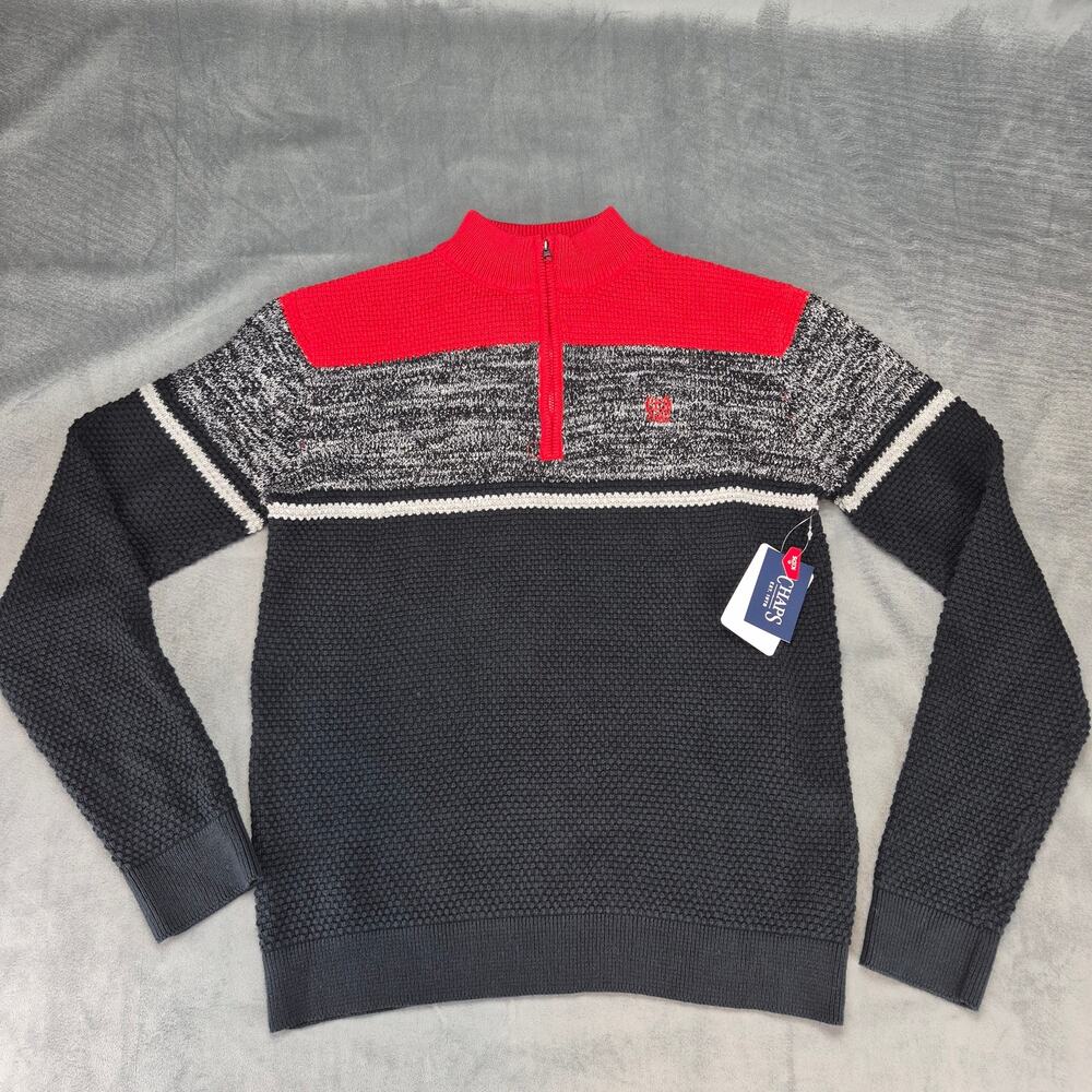 Chaps Boys 1/4 Zip Mock Neck Color Block Black & Red Holiday Sweater Size XL